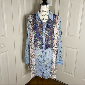 Cloth & Portrait Womens Lg Bohemian Long Sleeve Button Up Floral Guazy Tunic Top
